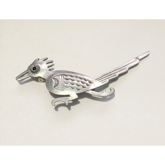 Vintage JJ Native American Roadrunner Brooch Pin Sterling Silver Gemstone Eye - Picture 7 of 13